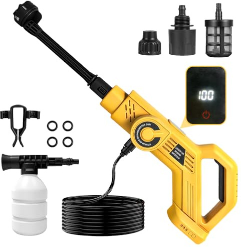 Batteridriven högtryckstvätt 80 bar kompatibel med DeWALT 20 V bärbar högtryckstvätt, med 6-i-1 munstycke borstlös motor, 6 l/min nylonmaterial, lämpligt för bil, terrasser och gräsmatta (utan batteri