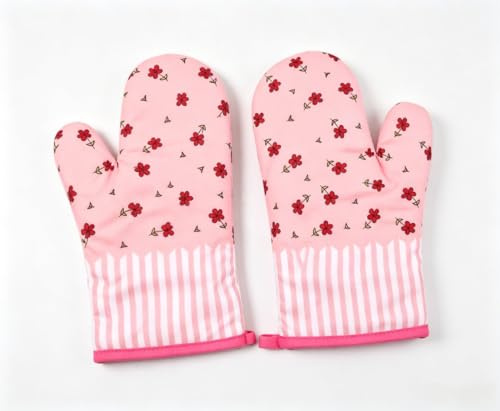 Samyosaien Pink Oven Gloves, Heat Resistant Oven Mitts, Pink Kitchen Accessories, 2PCS Flower Pattern Cotton Gloves for Baking, Cooking, BBQ (27x16cm)