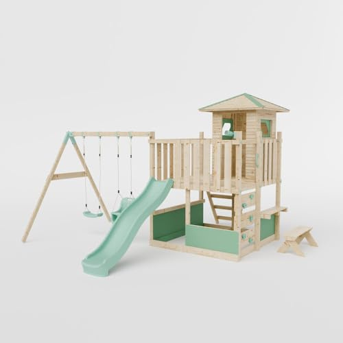Waltons Wooden Outdoor Kids LittleSummit Small Tower Playhouse with Double Swing & Toddler-Friendly Features | Pressure-Treated Timber Garden Playset for Children | Handmade in the UK
