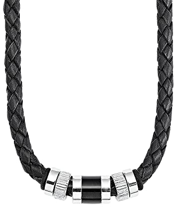 s.Oliver Collier für Herren, Anhänger: Edelstahl, Kette: Echtes Leder, IP Schwarz