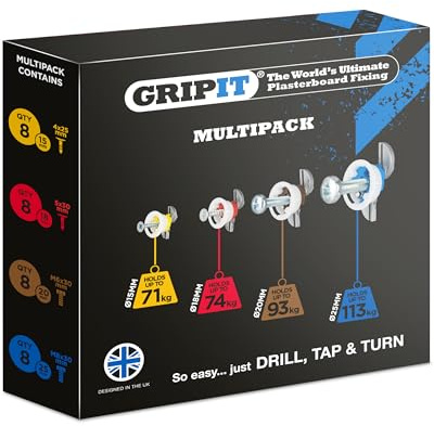 GripIt Sortiment Gipskarton-Befestigungen für Ständerwände – Maximale Belastung 113 kg (32 Befestigungen)
