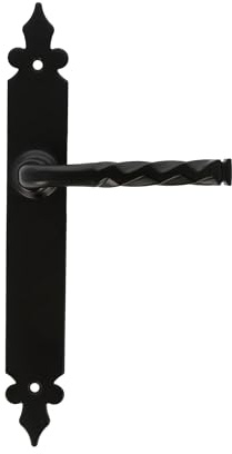 Amig - Set von Türklinken Mod. 106P | 270 x 36 mm | Klinke aus Zamak mit Stahlplatte | Schwarzes Finish | Inklusive schmaler Platte | Handgeschmiedeter rustikaler Stil | Ohne Rückholfeder