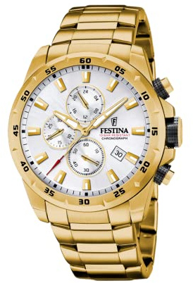 Festina Montre Homme Analogique en Acier Inoxydable 316L Doré - Mouvement Quartz - Chronographe - Calendrier - Verre Minéral Haute Résistance - Étanche 10 ATM F20541/1 Chrono Sport