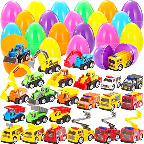 JOYIN 24 Pcs Filled Easter Eggs with Mini Pull Back Construction Cars for Kids Boys, Plastic Easter Eggs Engineering Car Toys for Easter Egg Hunt Easter Party Favor Easter Gift for Kids