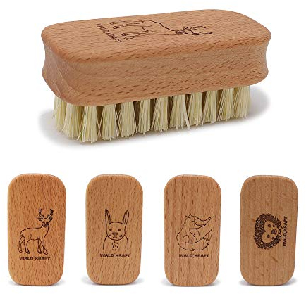 WALDKRAFT Kinder-Nagelbürste Blackforest | Hochwertige Nagel-Bürste für Kinderhände aus Buchenholz | vier versch. Tiermotive (4er Set | Fuchs, Hase, Igel, Reh, Fibre-Borsten (vegan))