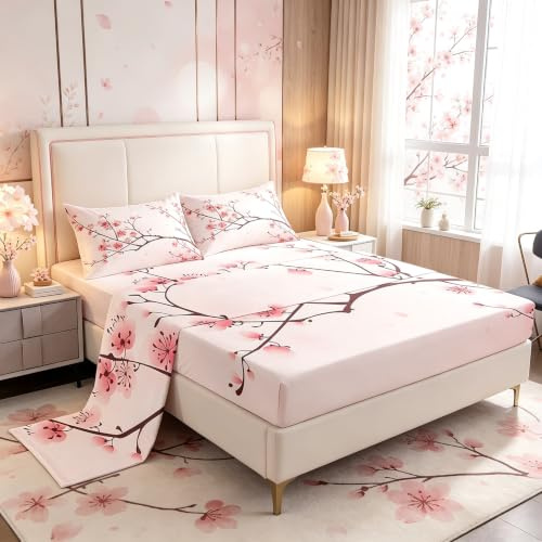 Juego de sábanas Individuales para niñas con Flores de Cerezo para niños,Mujeres,Dormitorio,Juego de Ropa de Cama de Color Rosa (1 sábana encimera,1 sábana Bajera de Bolsillo Profundo)
