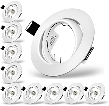 10x Modern GU10 Downlights for Ceiling, Round Matt White Metal Frame for Recessed Ceiling Lights, Tilt Swivel Spotlight - External Dimensions: 90mm, Cut-Out Hole Size:68-80 mm