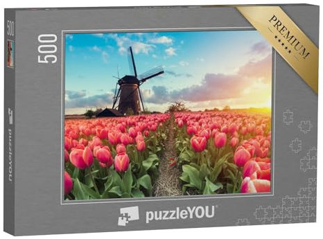 puzzleYOU: Puzzle 500 Teile „Idyllischer Sonnenuntergang über Windmühle und Tulpenfeld, Niederlande“ – aus der Puzzle-Kollektion Holland