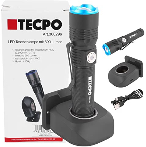 TECPO Taschenlampe 600 Lumen 7500K 250 Meter Leuchtweite 2600 mAh Akku Lampe
