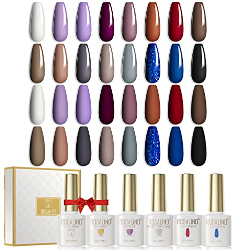 ROSALIND UV Nagellack, 20 Stück Gel Nagellack Set mit Base und Top Coat & primer & Matte Coat, 16 Farben 6ml UV LED Soak Off Gel Nail Polish Set