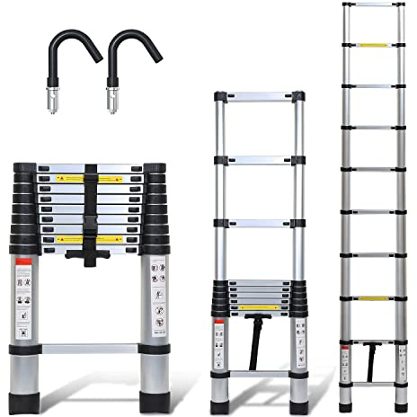 Joparri Teleskopstege i aluminium med avtagbar hake, 2,6 meter utdragbar stege, halkfri aluminiumstege, stående stege, multifunktionsstege, aluminiumstege med 150 kg lastkapacitet