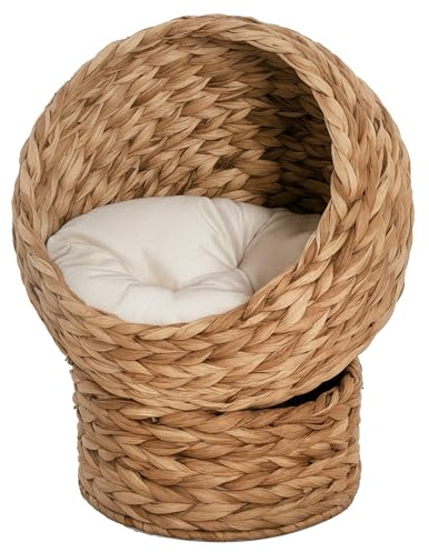 PawHut Maison Chat en Osier, lit surélevé, 40x37x51 cm Marron | Base cylindrique, coussin doux lavable, panier en jacinthe d'eau tressé pour chat pour intérieur et extérieur