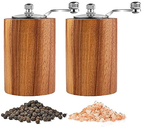 Acacia Wood Salt and Pepper Grinder Mills Sets,Wooden Shakers with Adjustable Ceramic Core,Classic Manual Salt Grinder Refillable Pepper Mill Set with a Gear Crank System for kitchen Spice