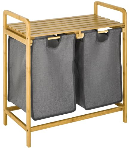 HOMCOM Bambus Wäschekorb 2 Fächer Wäschesammler mit Griff, 2 abnehmbaren Wäschesacke, Plattform, Wäschebox Wäschesortierer für Waschküche Schlafzimmer Badezimmer Natur+Grau