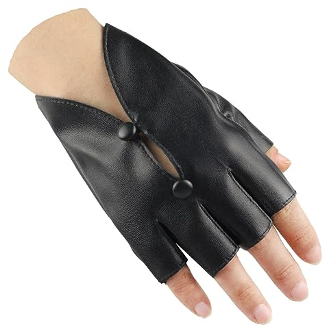 Long Keeper Lederhandschuhe Fingerlose für Damen Ungefüttert Halbfinger Handschuhe Leder Schwarz Punk Hip Hop Costume für Fahren Cosplay Tanz, One Size