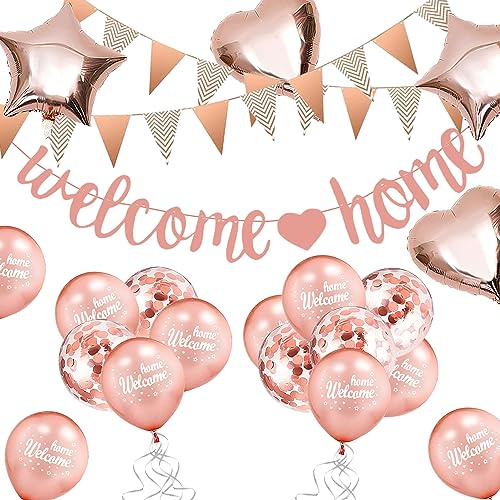 Welcome Home Ballon, Willkommen Zuhause Banner Willkommen Deko, Welcome Home Deko Willkommen Home Girlande mit 5M Wimpel Banner, Herzform Stern Pailletten Luftballons für Zuhause, Party