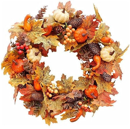 Autumn Wreath 19.5inch/50cm Artificial Maple Leaves Door Wreath Fall Pumpkin Decorations for Front Door Harvest Thanksgiving Decor for Halloween Christmas Indoor Outdoor All Year (a)
