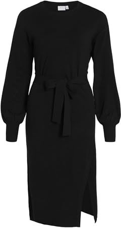 Vila Women's Viricky L/S Belted Knit Dress/Ka, Black, L