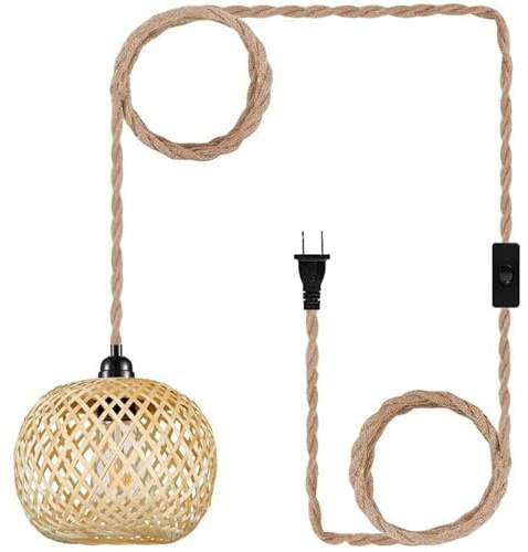 EcoGehen Boho Plug in Pendant Light Wicker Rattan Hanging Lights with 15ft Hemp Rope Cord MINI Bamboo Lampshade Wall Lighting Fixture Swag Lamp for Kitchen Island Farmhouse Living Dining Room Bedroom