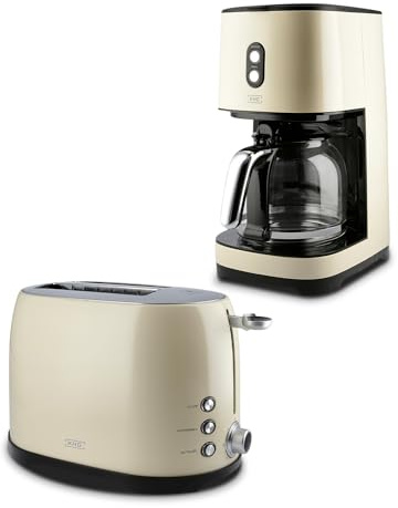 KHG Retro-Frühstücksset, Toaster 2 Scheiben, 2-teilig creme, für Frühstück | mit Brötchenaufsatz, 7 Bräunungsstufen 800 W, Kaffeemaschine 1,5 L Glaskanne für 12 Tassen mit Tropfstopp 900 W