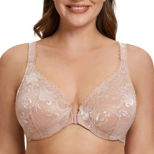MELENECA Sujetador con Aros de Encaje de Cobertura Total sin Relleno con Cierre Frontal de Talla Grande para Mujer Beige 105E