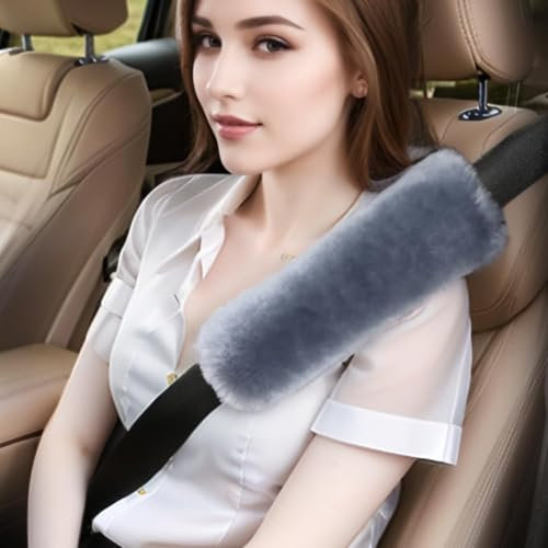 AOGELAN 2 Pack Fluffy Fuzzy Genuine Sheepskin Car Seat Belt Cover Pad, Seatbelt Cushion for Soft Auto Lambswool Shoulder Strap Cushion Adults (2, Blue Grey)