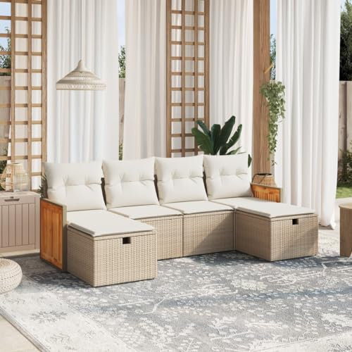 Rantry 6-TLG. Gartensofa Set mit Kissen Gartenlounge Loungesofa Gartenmöbel Balkonmöbel Ecklounge Ecksofa Sitzgruppe Loungemöbel für Garten Terrasse und Balkon Beige Poly Rattan