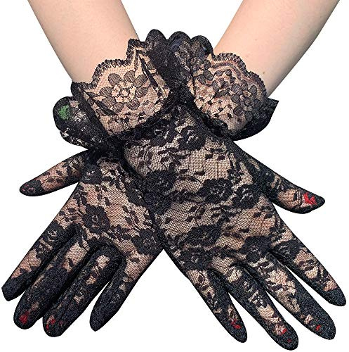 Hrlace Spitzen Kurze Elegant Spitzenhandschuhe Damen Handschuhe Blumenhandschuhe Netzhandschuhe Sonnenschutzhandschuhe für Hochzeit Party und Tee Party Prom Abend Handschuhe Schwarz