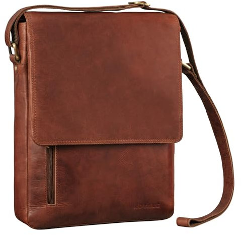 ROYALZ Herren Umhängetasche Leder Schultertasche 'Kansas' Vintage Ledertasche 13-14 Zoll Laptop-Tasche Echtleder Mittel-groß DIN A4 Messenger Bag für Männer, Farbe:Roma Cognac Braun