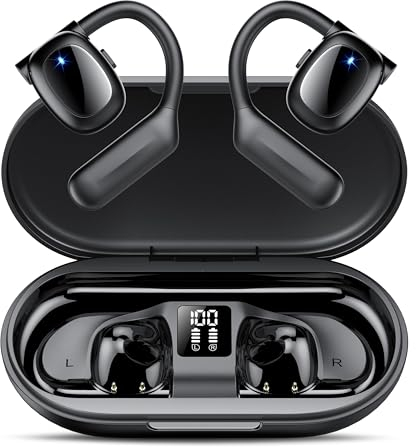 Hendari Open Ear Écouteurs avec Écran LED, Ecouteurs Bluetooth 5.3 sans Fil Sport, 75H HiFi Stéréo, Oreillette Bluetooth Sport avec 4 Mic, IP5 Étanche Casque Bluetooth pour Running/Gym