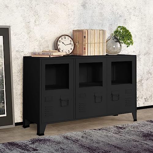 XGWKCNV Schränke & Aufbewahrung Industrie Sideboard Schwarz 105x35x62cm Metall und Glas Buffets & Sideboards