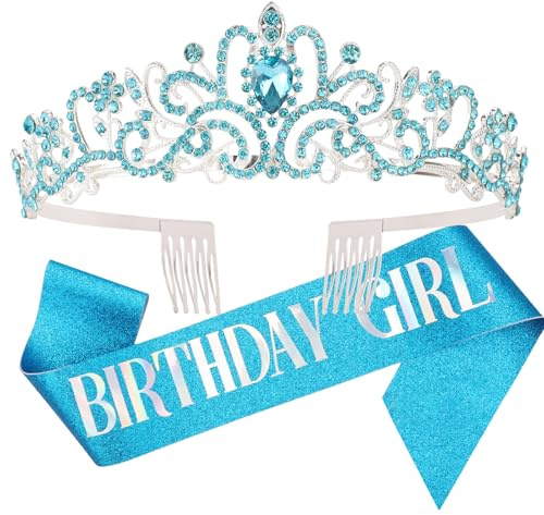 DRESHOW Geburtstagskrone und Schärpe für Damen Geburtstagskönigin Schärpe & Strass Tiara Set Geburtstag Tiaras und Schärpen für Mädchen Geburtstag Dekorationen Haarschmuck Glitter Schärpe für Party