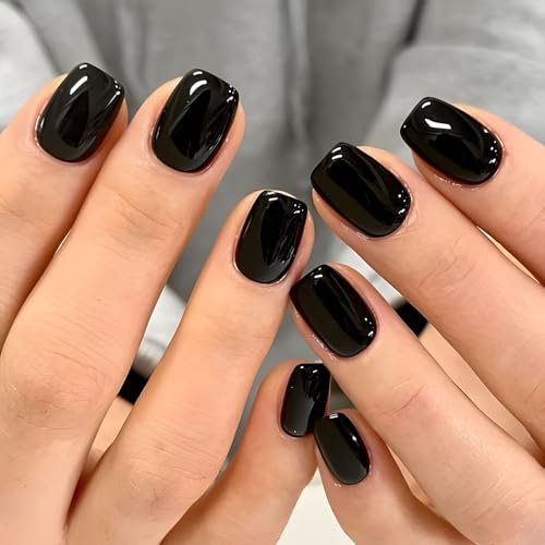 32 Pcs Black Nails Tips Short Fake Nails with Glue Square Press on Nails Removable Glue-on False Nails for Halloween Women Girls Nail Art Accessories