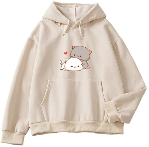 Qiqilyly Kawaii katter anime huvtröja för kvinnor gosa varm huvtröja med tryck för tonåringar flickor aesthetic söt tröja toppar söta vinterkläder, Aprikos, S