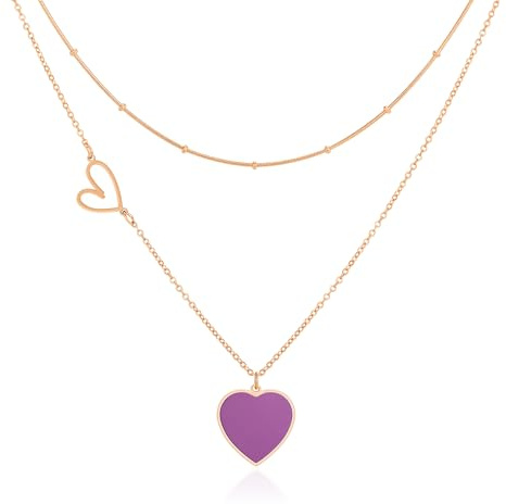 Linawe Collar con colgante en forma de corazón morado para mujer, cadena de oro rosa, llamativo juego de cadenas, collar de acero inoxidable, joyas, cadena en capas con colgante