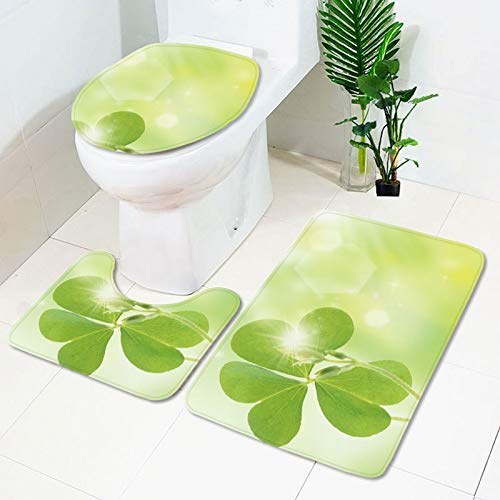 Bad Teppiche Set Hellgrüne Blätter Badezimmerteppich Waschbar WC Vorleger mit Ausschnitt und WC Deckelbezug 3 Teilig Badematte rutschfest Toilettensitzbezug Badgarnitur 50x80 cm