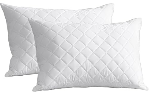 Quilted Pillows Filled With Super Bounce Back Extra Support Hollowfibre Firm Bed Pillows Back and Side Sleeper - Easy Neck Support Zipped Pillow, Down Alternative (2)