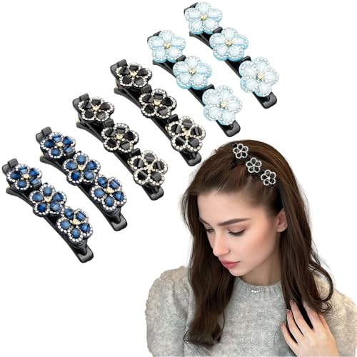 SXQLYH Lot de 6 barrettes à cheveux tressées à double couche, avec 3 clips, pinces à cheveux pour femme avec strass élégantes, pinces à cheveux en strass