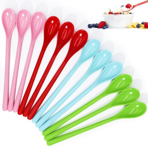 Amentalove 12 Pcs Cucchiaini Plastica Colorati Lunghi Riutilizzabili per Caffè, Gelato, Tè, Yogurt, Dessert e Cocktail