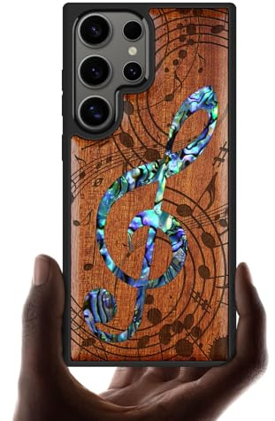 Carveit Handyhülle für Galaxy S25 Ultra（Pflaumenfarbe-Musical Note） | Hülle Luxus Case [Holzgravur & Muschel inlay] Stoßfeste Stoßstange Handyhulle Kompatibel mit Samsung S25 Ultra hull Cover