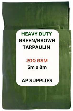 AP Supplies Green/Brown Tarpaulin 5m x 8m | 200gsm Waterproof & Weatherproof Cover with Reinforced Edges & Metal Eyelets | Durable Outdoor Sheet for Garden, Camping & Construction Use
