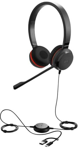 Jabra Evolve 30 II Casque Filaire stéréo certifié Unified Communications avec unité de contrôle d'appel, Microphone antibruit, indicateurs LED, Excellente qualité sonore – USB-C/A, Noir