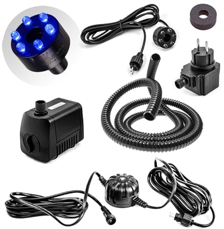 CLGarden Springbrunnenpumpe 500l/h Quellstein Pumpe mit Beleuchtung blau Lichtsteuerung Wasserschlauch LED Gartenbrunnen Wasserspiel