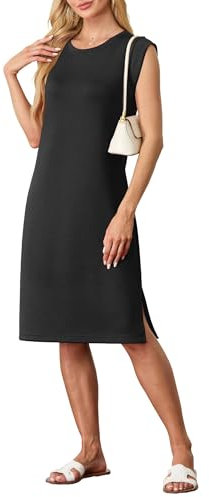 GRECERELLE Womens Summer Midi Dress 2025 Casual Crew Neck Shirt Dresses Elegant Wrinkle-Free Sleeveless Dresses for Women UK with Split and Pockets (Black, L)