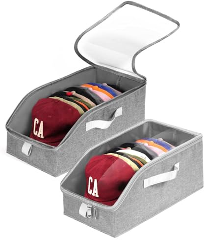 Livelab Hat Organizer for Baseball Caps, Hat Storage Holder Container for Closet Hold Up to 24 Caps with Clear Window, Hat Boxes for Home Storage | 2Pcs Grey