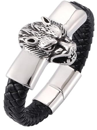 Aotiwe Armband Schwarz, Armband Freundschaft Leder Geflochtene Kordel Mit Magnetischer Schnalle und Drachenkopf aus Stahl 18.5cm