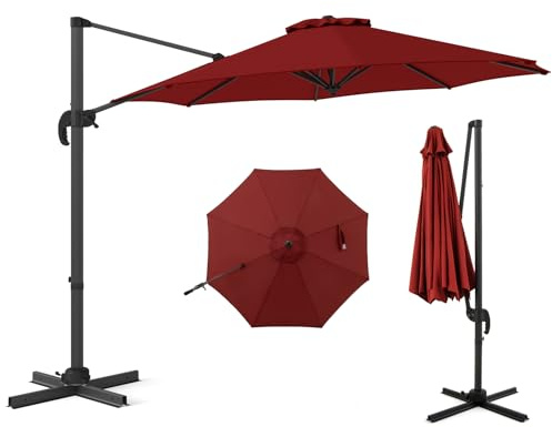 COSTWAY Sonnenschirm 300 x 300 cm, Ampelschirm mit Kurbel, Gartenschirm neigbar, 360° drehbar, großer Terrassenschirm, runder Marktschirm für Garten, Terrasse (Rot)
