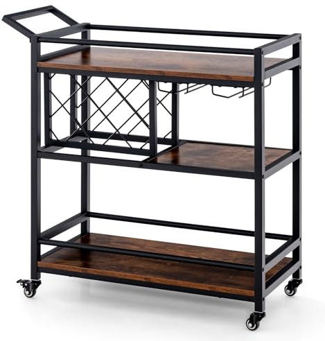 Carrello portavivande rustico marrone con ruote bloccabili, 3 ripiani, portabevande, portabottiglie e manico, mobile per cucina, sala da pranzo, soggiorno, caffetteria