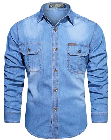 Mens Shirts Long Sleeve Denim Shirt Regular Fit Button Down T-Shirt with Double Pocket Tops Business Jean Work Blouse Camisas De Hombre(Blue, M)