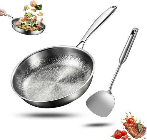 Poêle à frire en titane avec spatule, wok antiadhésif martelé Titanpfanne-Nutrition pour la cuisson, poêle en titane non revêtu, poêle en titane Pro à induction, pour cuisine et camping (sans
